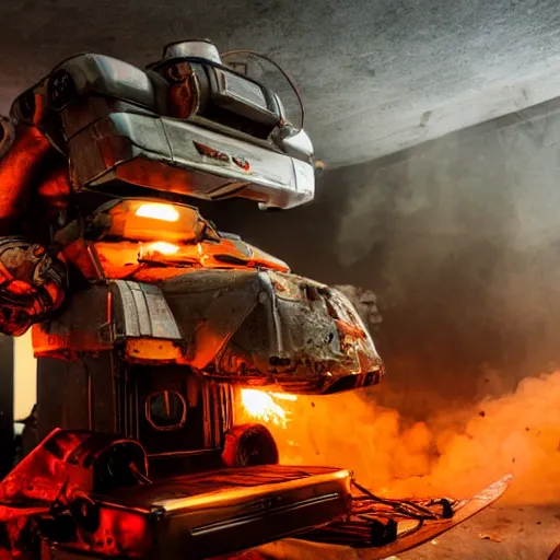 Image similar to head of toaster oven mecha, dark messy smoke - filled cluttered workshop, dark, dramatic lighting, orange tint, cinematic, highly detailed, sci - fi, futuristic, movie still