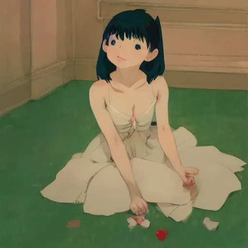 Image similar to little girl, wearing an bunny suit, artwork made by makoto shinkai, inspired in balthus, clean details, light color palette, candy, anatomically proportional, hd