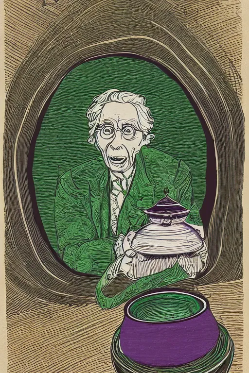 Prompt: bertrand russel riding a green tea pot that lies in an orbit beyond pluto, intricate ornaments, detailed astronomical photo, planet pluto in background, saturated colors, lens flare, 3 5 mm, f / 2 4