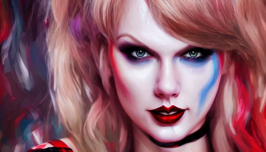 Prompt: Taylor Swift as Harley Quinn, hyperdetailed, artstation, cgsociety, 8k