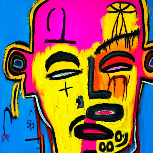 Image similar to pink and yellow and red detailed neo expressionism oil painting of sad boy rapper crying with tattoos by basquiat