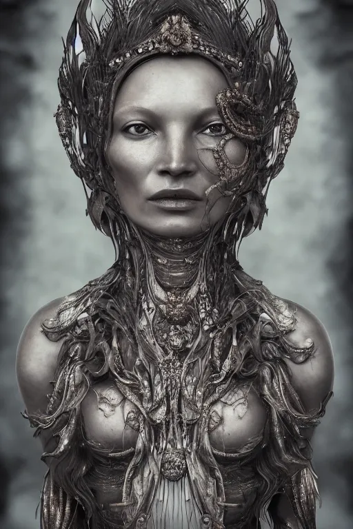 Image similar to a realistic moody photo of a beautiful ancient alien woman goddess kate moss durga standing in iris van herpen dress jewelery and fractals in style of alphonse mucha art nuvo dmt trending on artstation made in unreal engine 4