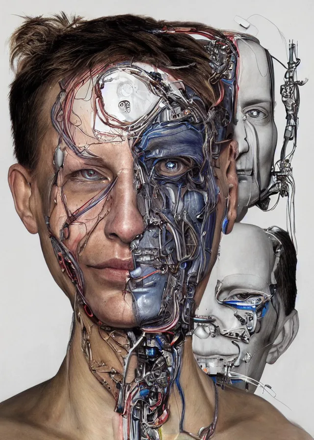 Image similar to cybernetic implants on face, metal jaw, usb port on forehead, portrait by jenny saville