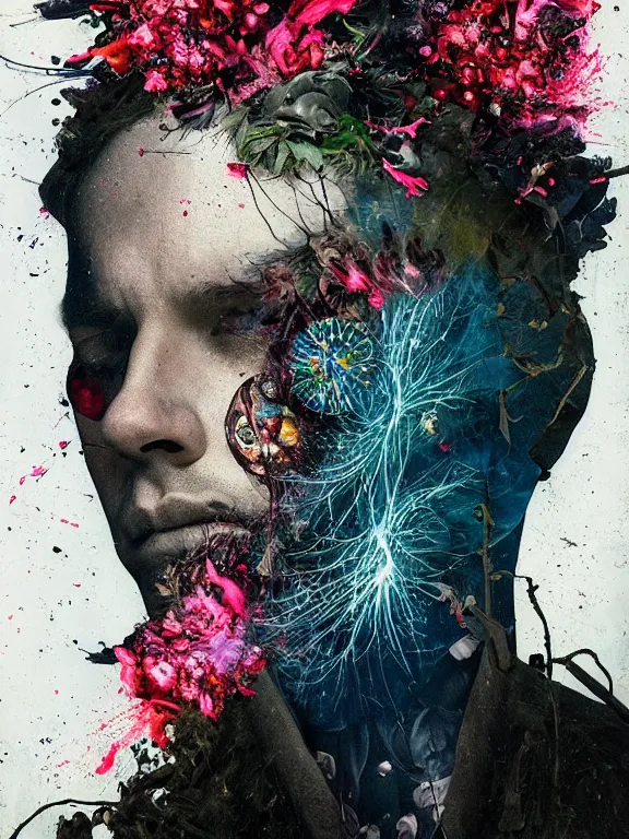 Prompt: art portrait of a man with flowers exploding out of head, cameras, decaying ,8k,by tristan eaton,Stanley Artgermm,Tom Bagshaw,Greg Rutkowski,Carne Griffiths, Ayami Kojima, Beksinski, Giger,trending on DeviantArt,face enhance,hyper detailed,minimalist,cybernetic, android, blade runner,full of colour,