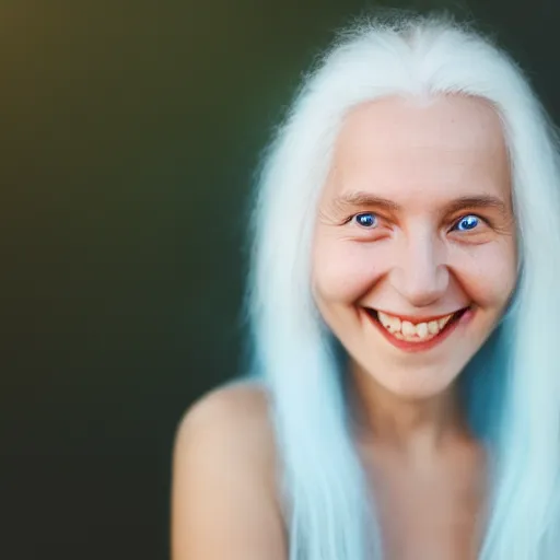 Prompt: beautiful portrait of a cute thing young woman smiling softly, long white hair, flushed face, blue eyes, golden hour, 8 k, portra 4 0 0