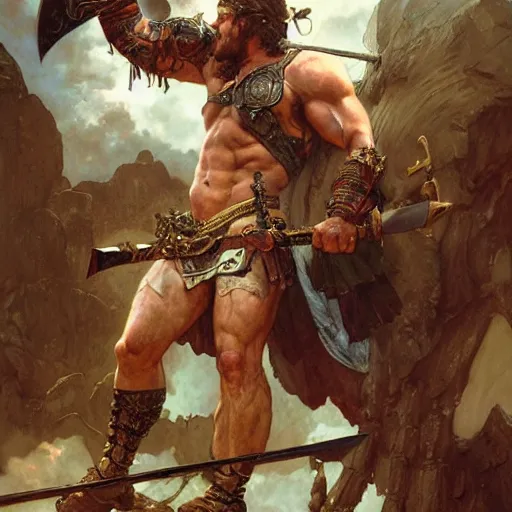 Image similar to muscular male barbarian stabbing the sky, intricate details, large sword, by Stanley Artgerm Lau, by greg rutkowski, by thomas kindkade, by alphonse mucha, loish, by norman rockwell J.