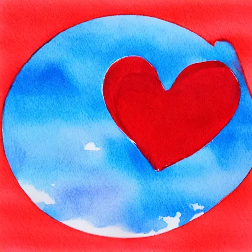 Prompt: two red paper hearts in a clear spherical bubble. blue sky with clouds background. illustration, artstation, watercolour