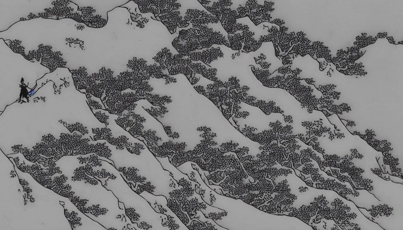 Image similar to lone backpacker on mountain ridgeline, minimalist line art by hokusai, clean long lines, ultra detailed