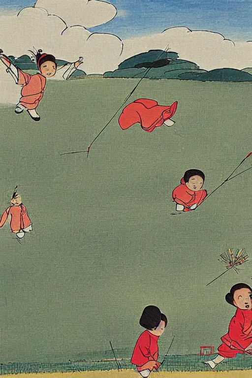 Image similar to A cartoon painting of two children flying kites in the field in spring.by Feng Zikai.