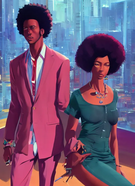 Image similar to afro - futurist hustlers, lavish lifestyle and money, expensive cars, fashionable, jacking the metaverse | hyperrealistic oil painting | by makoto shinkai, ilya kuvshinov, lois van baarle, rossdraws | afrofuturism, in the style of boondocks, trending on artstation | dark color scheme