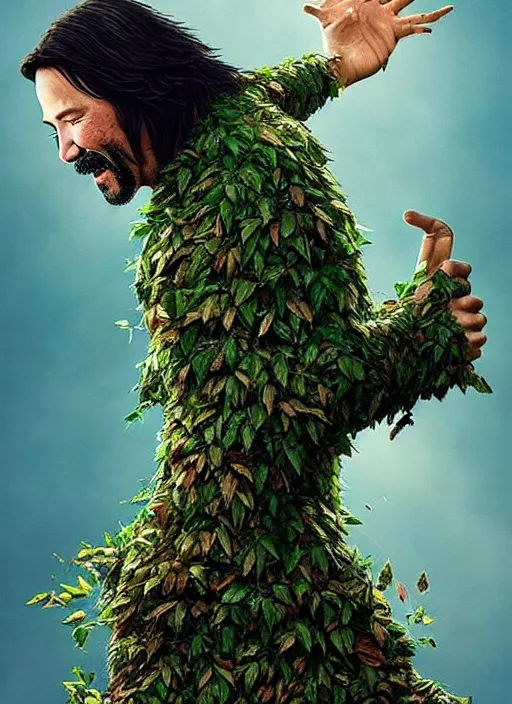 Image similar to highly detailed comedy caper movie poster with silly wacky zany keanu reeves as a sentient pile of leaves, keanu reeves green face as a sentient leafy bush by greg rutkowski, masterpiece, really funny, 1 0 / 1 0 comedy