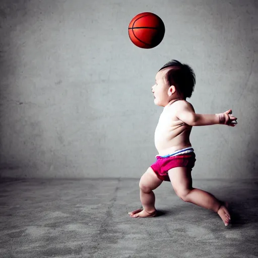 Image similar to a baby dunking a basketball, dramatic action photography