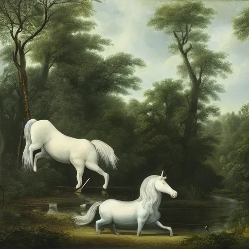 Prompt: A Pair of White and Grey Unicorns in a Forest Clearing Near a Pond, Painting