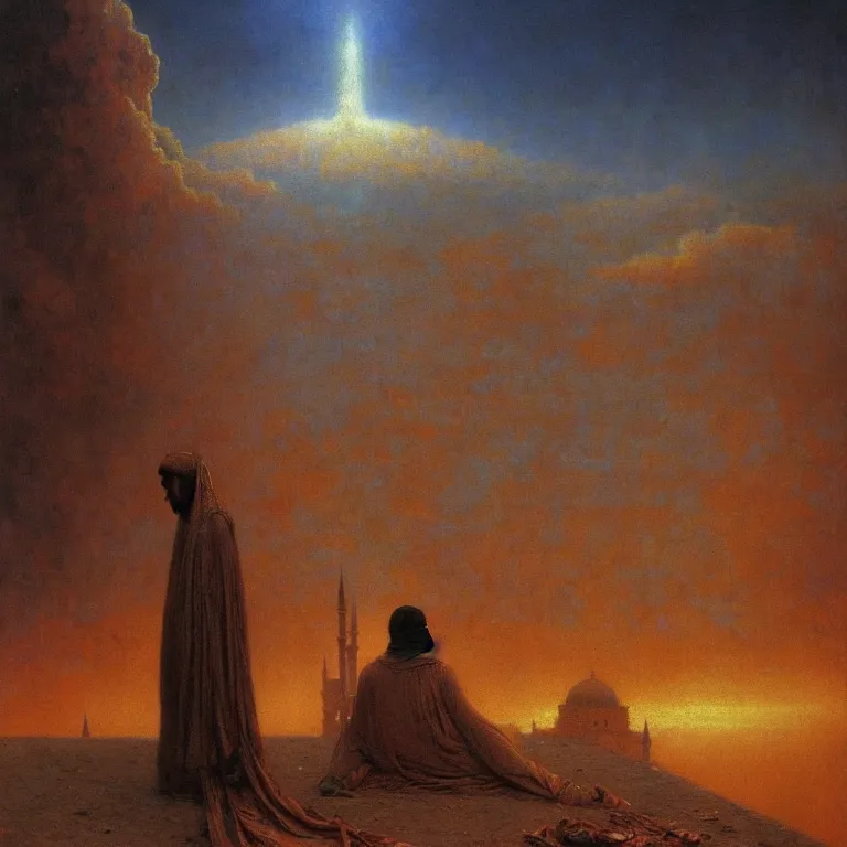 Prompt: a cinematic scene from the istanbul on clouds, osman hamdi bey, solidity and eternity, concept art by beksinski and jean delville, sharp focus, dramatic lighting, ultra hd, hdr, 8 k