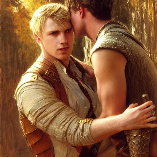 Image similar to attractive male, arthur pendragon who has blond hair confesses his love to attractive male, merlin who has dark hair. highly detailed painting by gaston bussiere, craig mullins, j. c. leyendecker 8 k