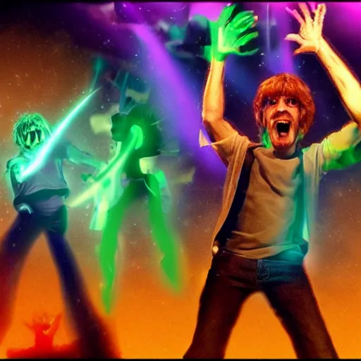 Image similar to shaggy tranforming into his eternal multiarmed form, incricate detail, volumetric lighting, high energy