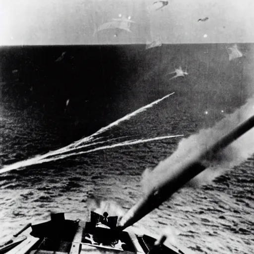 Prompt: view from a batteship firing a broadside, kamikaze planes diving, world war ii, high resolution photo
