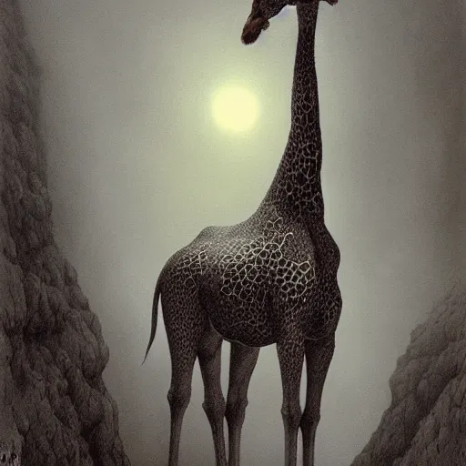 Prompt: giraffe as a dark souls boss by zdzisław beksiński