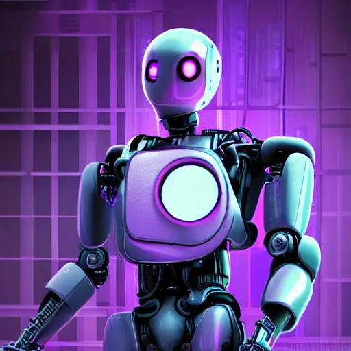 Image similar to hyperrealistic cyberpunk style poster with a robot, purple color theme, dramatic lighting