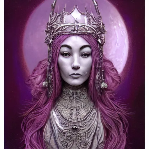 Prompt: painting of prophetess of the moon, silver filigree armor and tiara, moon above head, purple wavy hair, smooth translucent skin, wide striking eyes, beautiful! coherent! symmetrical body, by brom, by junji ito, by brian froud, strong line, high contrast, muted color, preraphaelite style, 4 k, trending on artstation