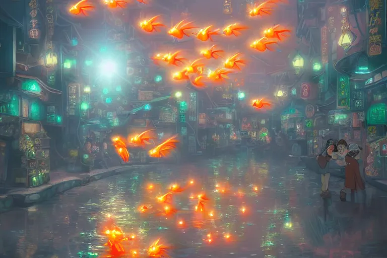 Image similar to fantasy art of glowing goldfish swimming in the air, in the streets of a japanese town at night, with children outside watching in wonder, in the style of studio ghibli and makoto shinkai, highly detailed digital art, trending on artstation