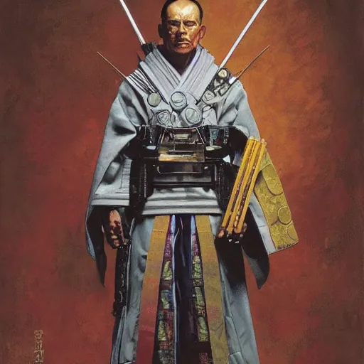 Image similar to the doomslayer wearing a kimono, portrait art by norman rockwell and donato giancola and greg rutkowski,