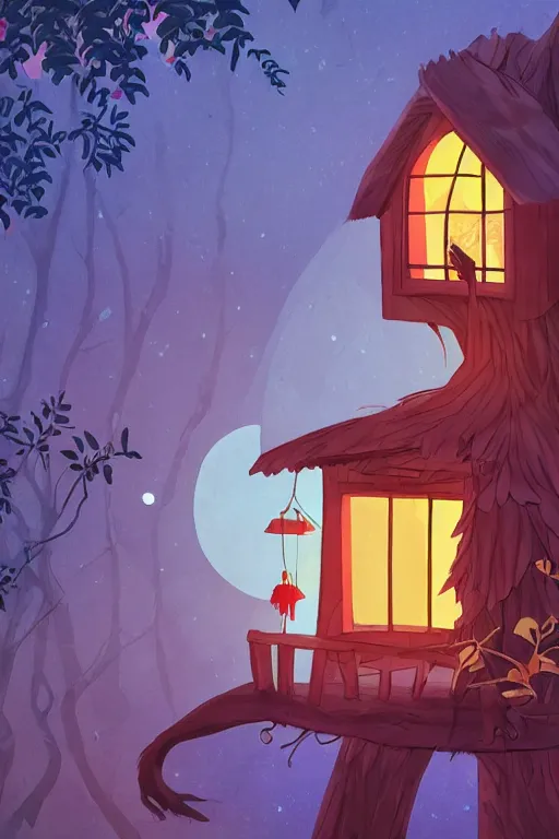 Image similar to a tree house with warm light through the window in the jungle, moonlight, night, by alba ballesta gonzalez. 4 k wallpaper, digital flat 2 d, japan animation, comic book, illustration, cinematic lighting, smooth sharp focus.