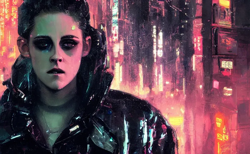Image similar to detailed film still of portrait neon operator lady kristen stewart in the movie blade runner, messy ponytail, cyberpunk futuristic, neon, reflective puffy coat, decorated with traditional japanese by ismail inceoglu dragan bibin hans thoma greg rutkowski alexandros pyromallis nekro, illustrated, perfect face, fine details, realistic shaded, fine - face, pretty face