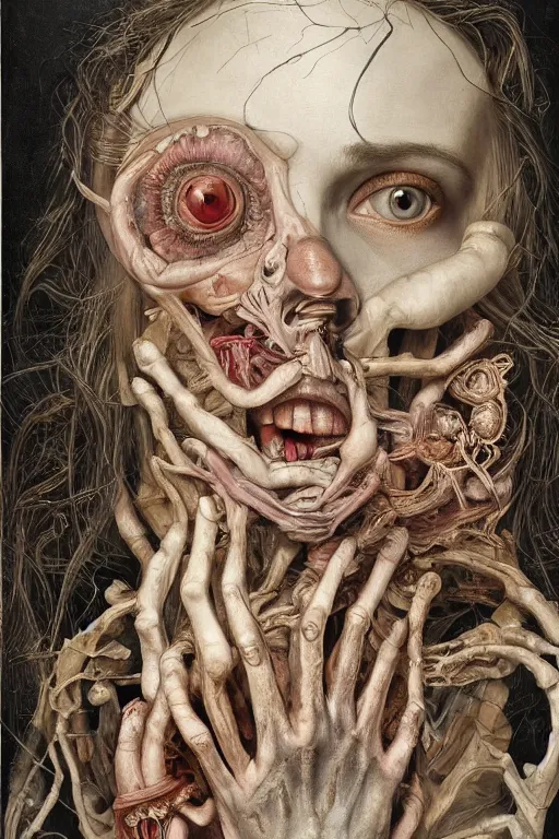 Image similar to Detailed maximalist portrait of a greek god with large lips and eyes, scared expression, botanical anatomy, skeletal with extra flesh, HD mixed media, 3D collage, highly detailed and intricate, surreal illustration in the style of Jenny Saville, dark art, baroque, centred in image