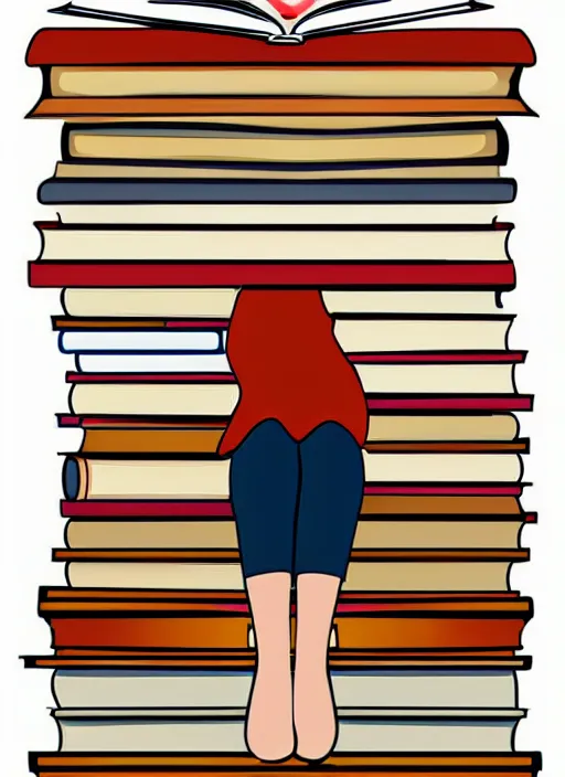 Prompt: a young woman with red hair and glasses sits on top of a tall pile of books. she is reading. clean pretty vector art, beautiful detailed face.
