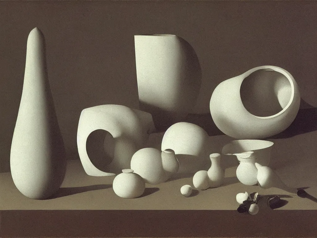 Prompt: Phosphorescent still life with absurd, Brancusi sculpted, round, architectural miniature model, white vase, ceramic pot. Painting by Zurbaran, Escher