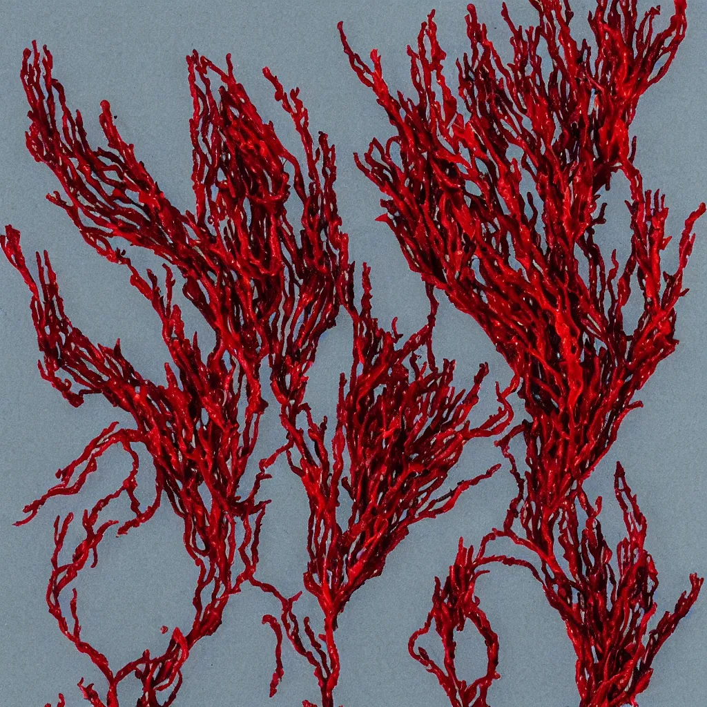 Image similar to bladder wrack and red dulse seaweed, decorative design against a grey background, done in Water colour