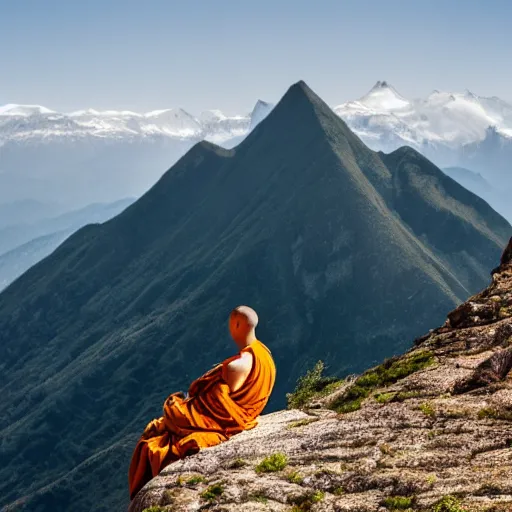 Image similar to a monk meditating on a tall mountain peak, beautiful background