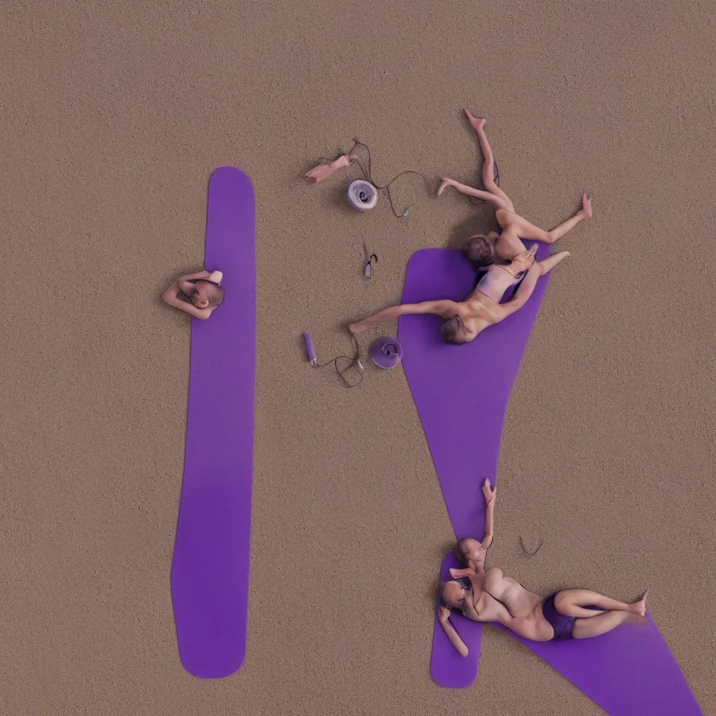 Prompt: overhead view of iridiscent oil spill in desert sand tempest with women corpses connected by cables and computers to wax forms to a buried baby relaxing on yoga mat, faded, purple gradient, dust, purple fog, depth of field, by edward burtynsky, hans bellmer and nadav kander, 8 k, sad atmosphere, cinematic