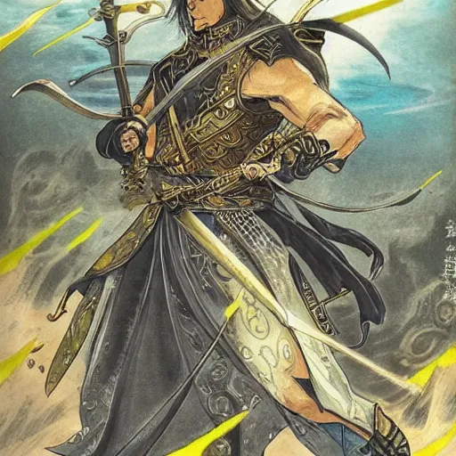 Image similar to a handsome golden magic swordsman glides through a beautiful battlefield magic the gathering dramatic esoteric pen and ink illustrated in high detail by Tatsuki Fujimoto