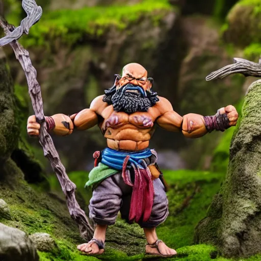 Image similar to high - res photograph of a claymation sculpture action figure warrior dwarf luffy, highly detailed sculpey diorama, forest setting, waterfall backdrop, smooth, sharp foccus, commercial product photography,