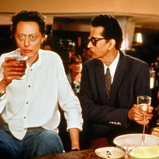 Prompt: jeff goldblum having a drink with christopher walken