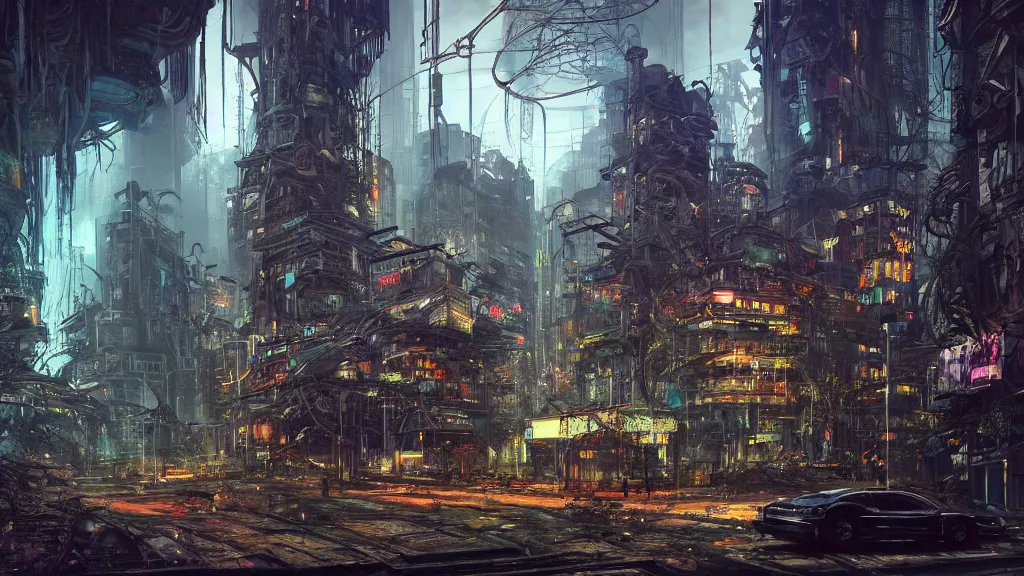 Prompt: A dystopian futuristic cyberpunk city in ruins, tower blocks crumbling amidst the jungles and vines of overgrowth, vibrantly rich neon lighting, gleaming volumetric-lighting-style atmosphere, a dark gloomy futuristic atmosphere, intricate, detailed, photorealistic imagery, oil on canvas, illustrated by H.R. Giger and Syd Mead, trending on artstation, 4k, 8k