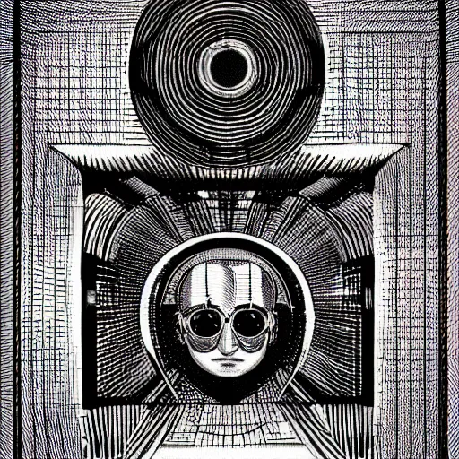 Image similar to lost in the mind of a quantum god head machine parallax anamorphic illusion