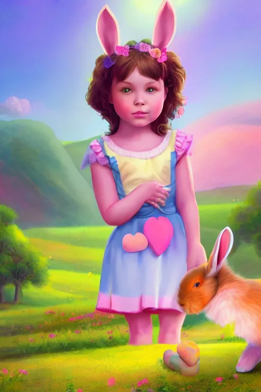 Image similar to matte sharp painting cute little girl and rabbit landscape painted by mark rydel artstation behance storybook lisa frank