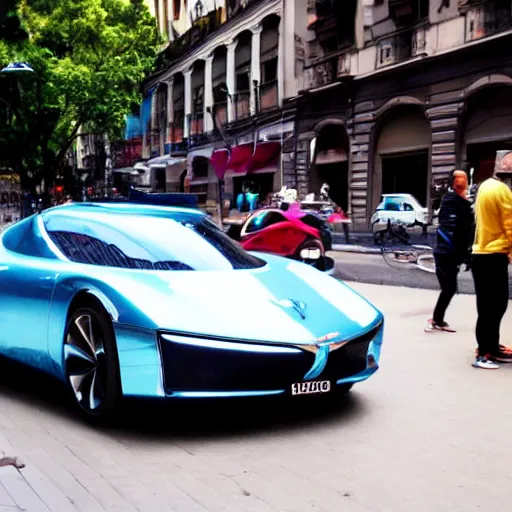 Image similar to Buenos Aires Argentina, futuristic cars in the street, holograms in the street, detailed, hd