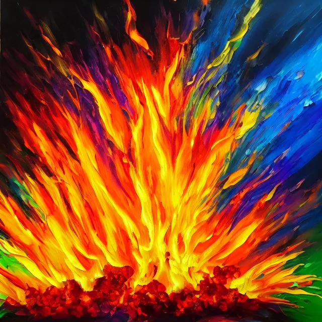 Image similar to cross fire burning in flames, rainbow colors, oil painting, bold strokes