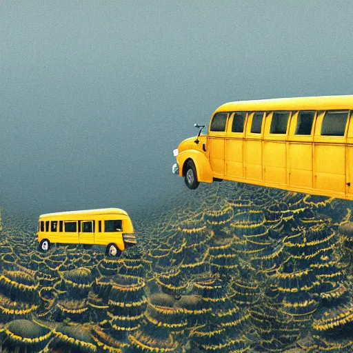 Image similar to a beautiful detailed matte painting of seaweed growing out of strange School bus yellow mushrooms, pattern, fractals, moebius, trending on artstation