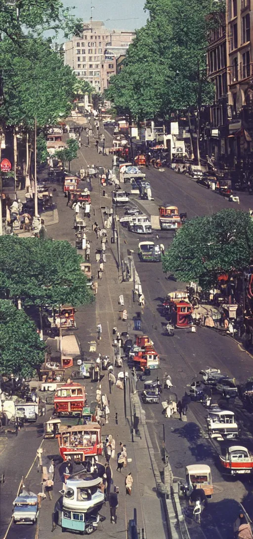 Image similar to a colorized 1 9 6 0 s bustling city street with cable cars and pedestrians and trees