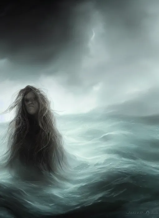 Prompt: a close up portrait of a creepy sea witch with dark turbulent skies, photorealistic, by jessica rossier, 4 k resolution