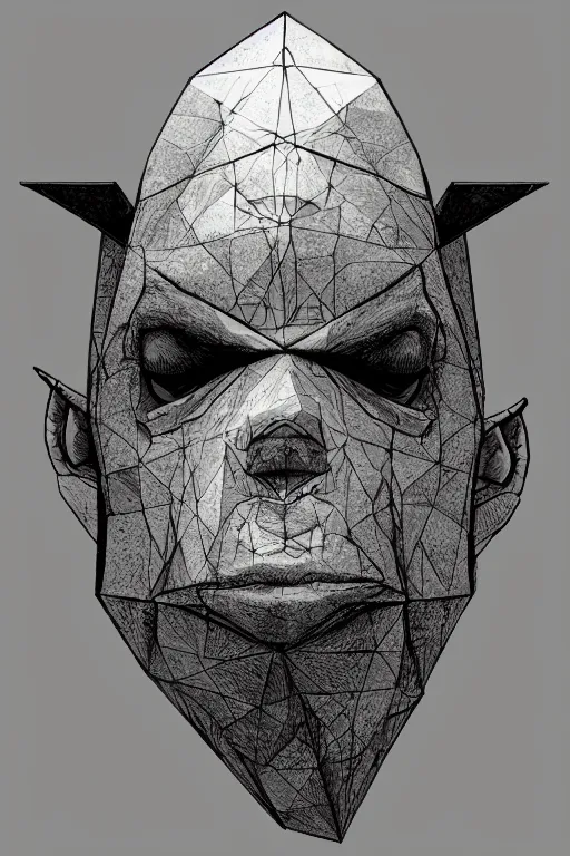 Image similar to portrait of triangle shaped ogre head with single centered giant bloodshot eye, in the style of Greg Broadmore and Arthur Rackham,trending on artstation, light lighting side view,digital art,surrealism ,macro,blueprint ,vaporwave ,