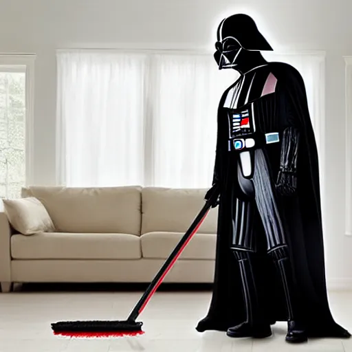 Image similar to Darth Vader mopping the house, photo realistic, award-winning, highly-detailed