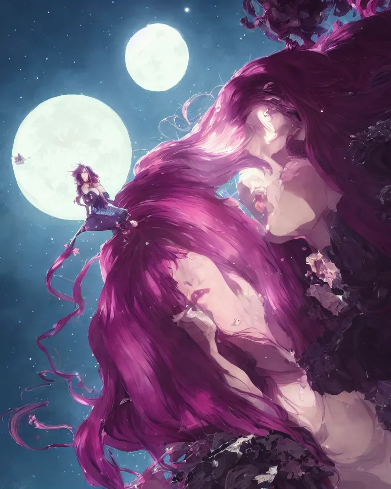 Image similar to a highly detailed image of A beautiful woman basking in the moonlight, with medium length magenta hair covering an eye, tall tree, large obsidian chunks, cinematic lighting, dramatic atmosphere, by Dustin Nguyen, Akihiko Yoshida, Greg Tocchini, Greg Rutkowski, Cliff Chiang, 4k resolution, trending on artstation