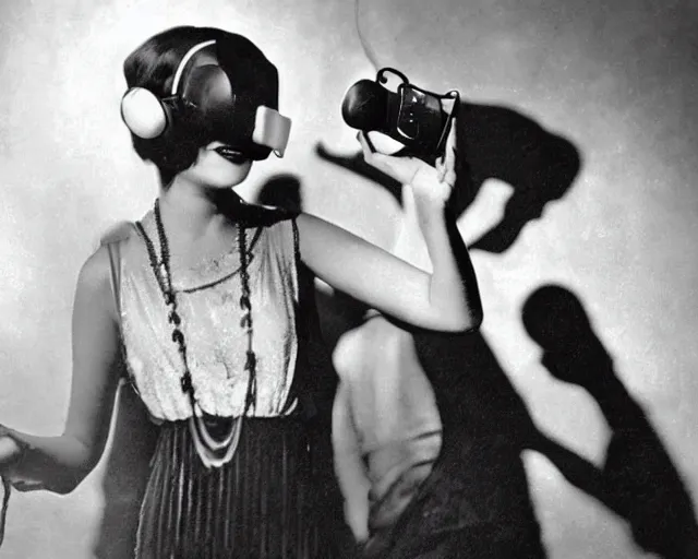 Image similar to 1 9 2 0 s photo of a flapper girl wearing a vr headset on a stage in a speakeasy