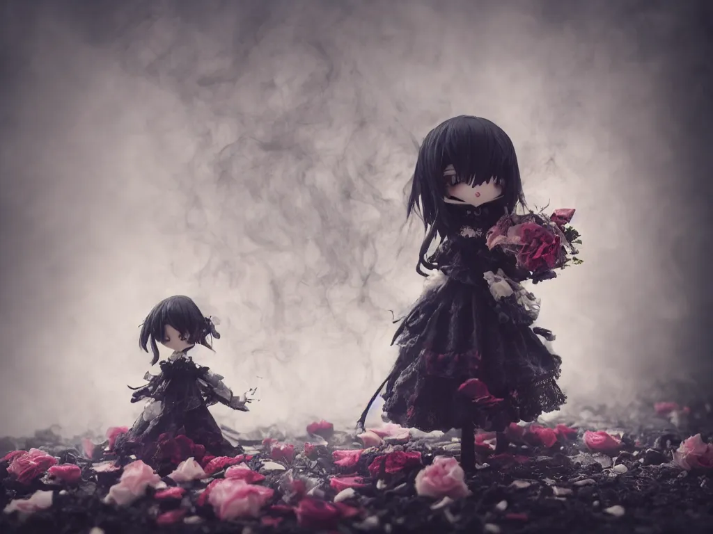 Image similar to cute fumo plush of a gothic maiden girl clutching lots of decayed roses, stale twilight, swirling vortices of emissive smoke and volumetric fog over the river, bokeh, 5 0 mm, vignette, vray